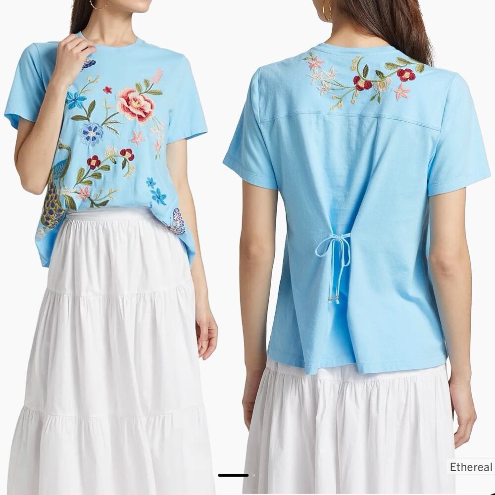 Johnny Was NWT Ethereal Blue T-Shirt Floral Embroidery Top Tie Back S Crew Neck